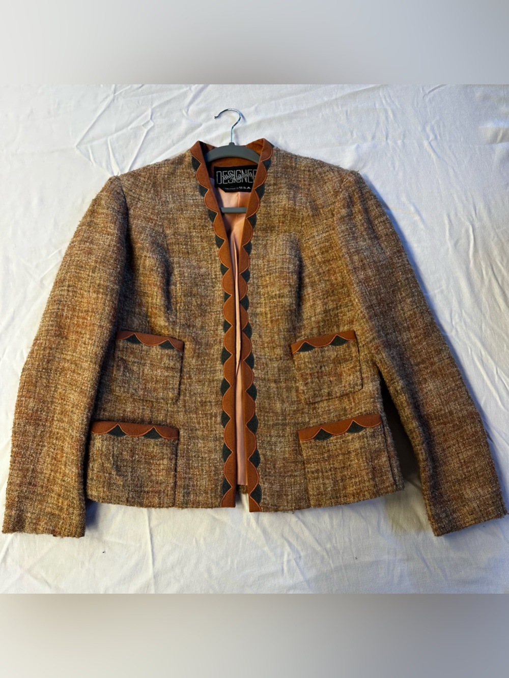 Vintage Utah Tailoring Mills Designer Tweed Blazer Scallop Suede Trim Brown